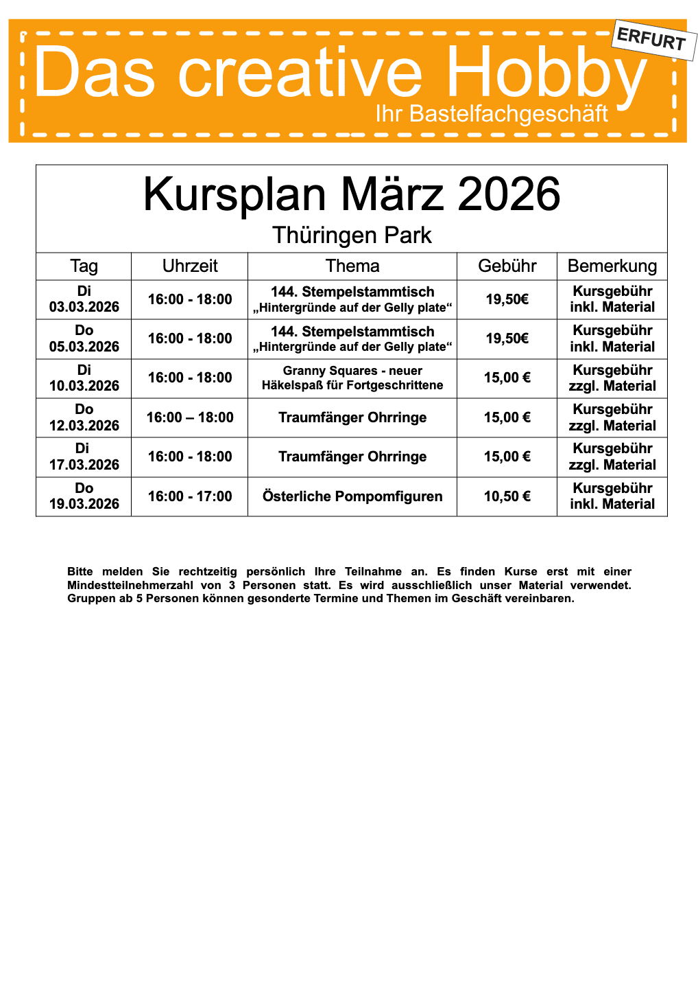 Das creative Hobby – Kursplan März 2026